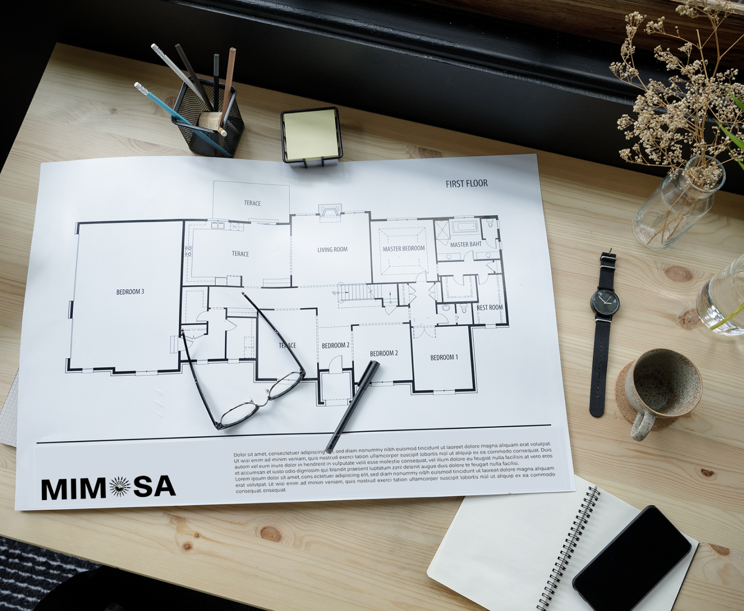 Mimosa conception, studio d'architecture d'intérieur et maîtrise d'oeuvre, plan construction avec logo