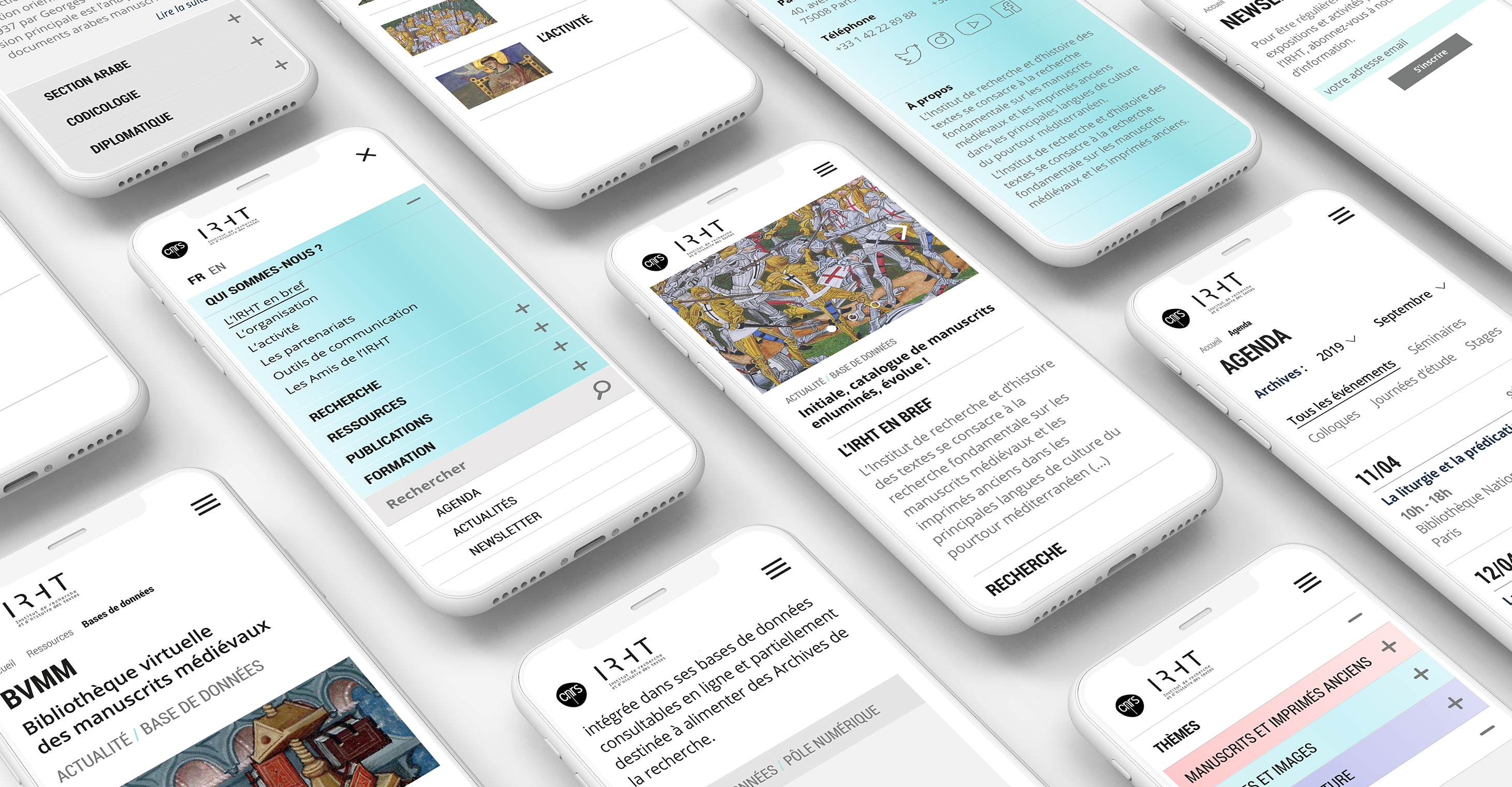 IRHT CNRS, site internet reponsive, webdesign, vue des écrans sur mobiles, maquettage