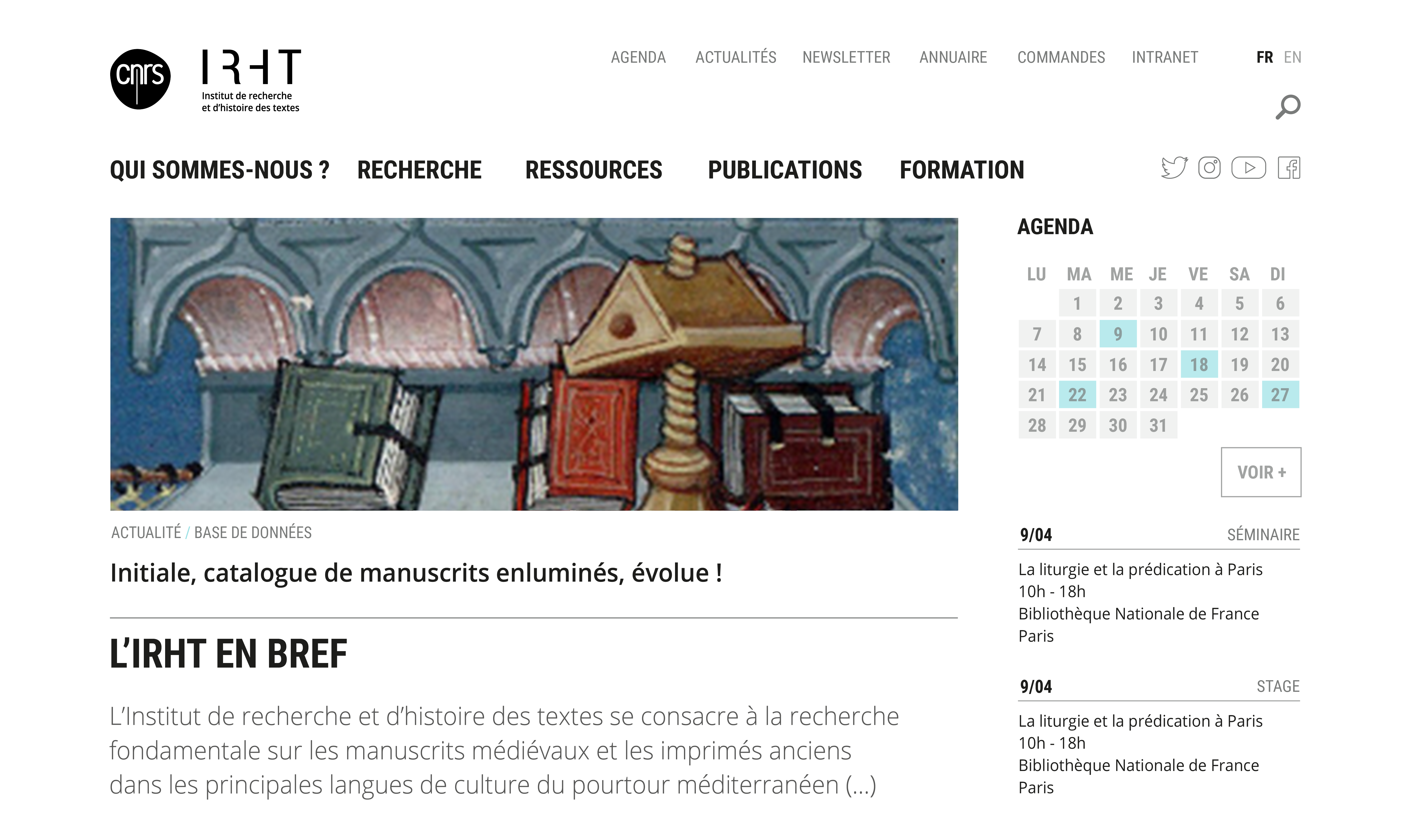 IRHT CNRS macbook pro webdesign, page d'accueil, menu survol