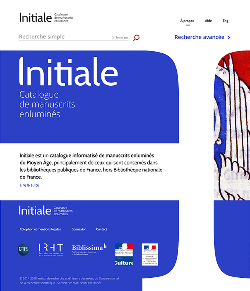 Initiale, catalogue de manuscrits enluminés du Moyen-Âge, page d'accueil du site internet, webdesign