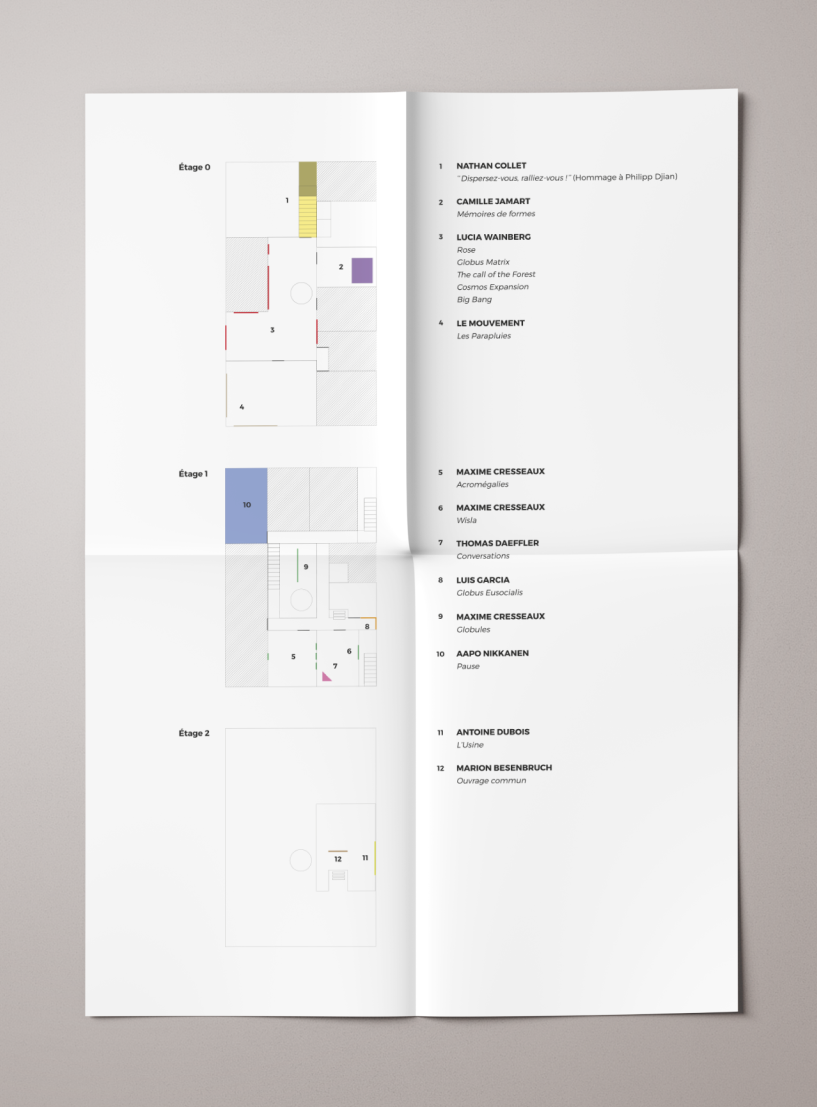 Globus connection, exposition collective sur le mode de vie en colocation, texte de Mathilde Bougard, plan des salles, parcours immersif