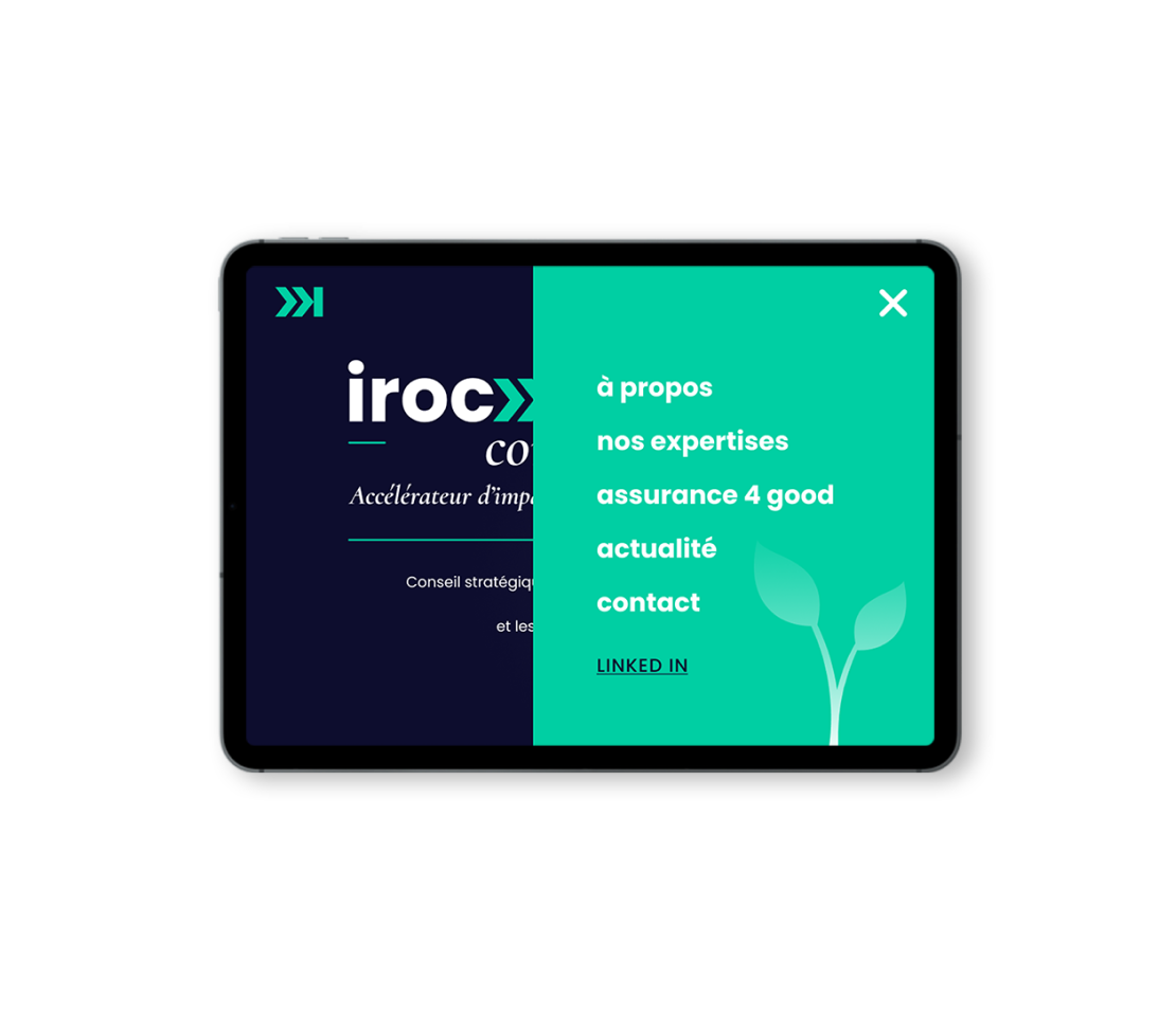 Irocko consulting accélérateur d'impact page d'accueil du site internet, macbook pro, webdesign, menu latéral vert
