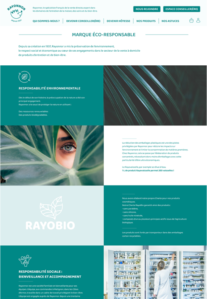 Rayonnor, page du site une marque éco-responsable, webdesign