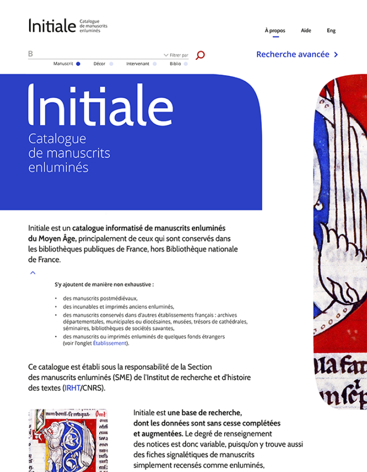 Initiale, catalogue de manuscrits enluminés du Moyen-Âge, page d'accueil du site internet, webdesign