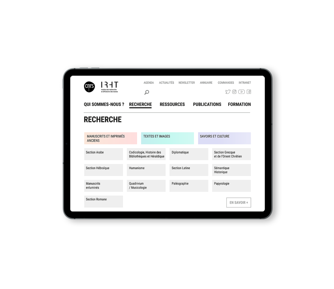 IRHT CNRS macbook pro webdesign, page d'accueil, menu recherche