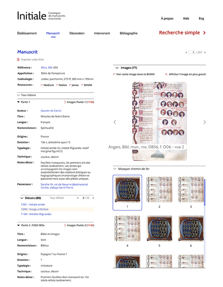 Initiale, catalogue de manuscrits enluminés du Moyen-Âge, fiche de manuscrit